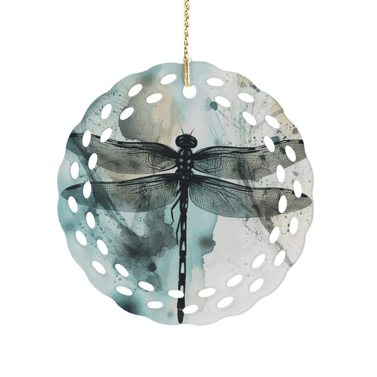 Btcowzrv Style Ink Dragonfly Ceramic Ornament,Round Ornaments With Hole Easy To Hang,Hanging Ornament For Wedding Party Home Window Garden Christmas Day Decor