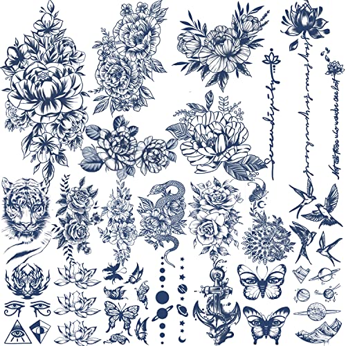 18 hojas de tatuajes semipermanentes para mujeres, 4 hojas de tatuajes falsos azules grandes y 14 hojas de tatuajes pequeños que duran 1-2 semanas Tatuaje temporal impermeable (Butterfly) Cover