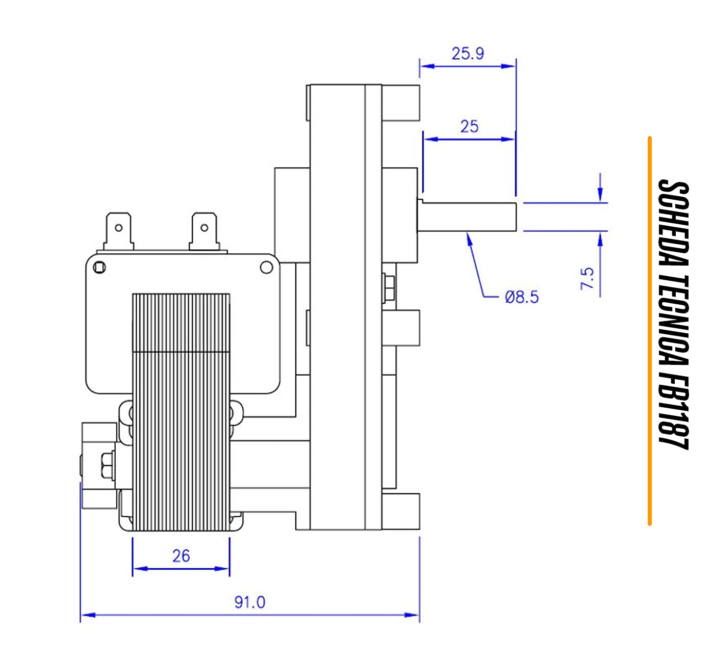 eRicambi, Motoriduttore FB1187 FB1193 per Stufe a Pellet serie T3, Velocità 2rpm, Pacco Lamellare 25mm, Ø Albero 8,5mm, Senso di Rotazione Oraria, Spianatura Singola