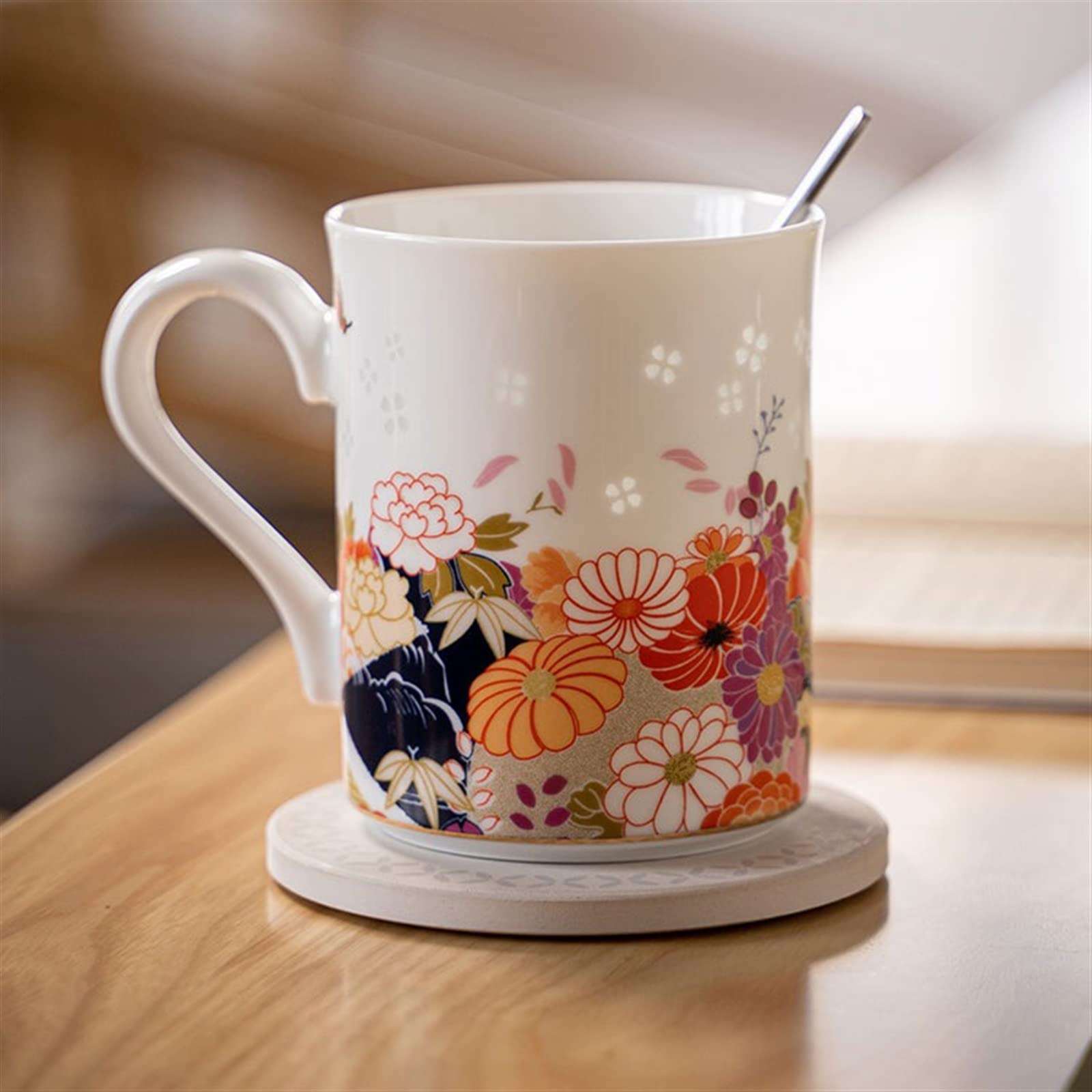 Filiżanki 350ML Jiangxi Jingdezhen kubek ceramiczny ręcznie malowany kubek kwiatowy wykwintna filiżanka kawy z podstawką i łyżką Kubek kawy