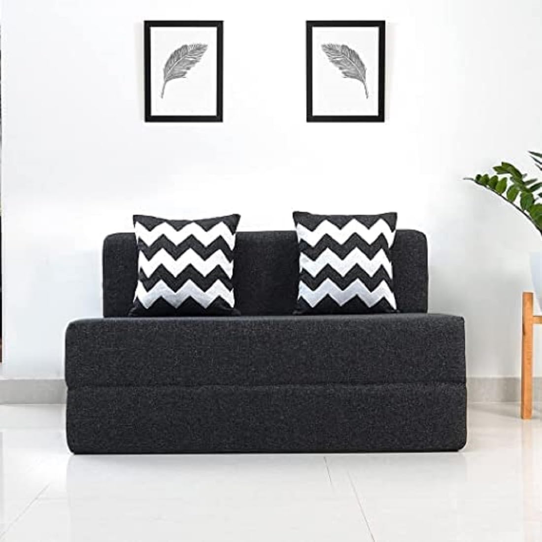 WELCO Home DECORTwo Seater Sofa Cum Bed - Perfect for Guests - Jute Fabric Washable Cover with 2 Cushion(Zigzag Pattern) - Dark Grey| 4' X 6' Feet