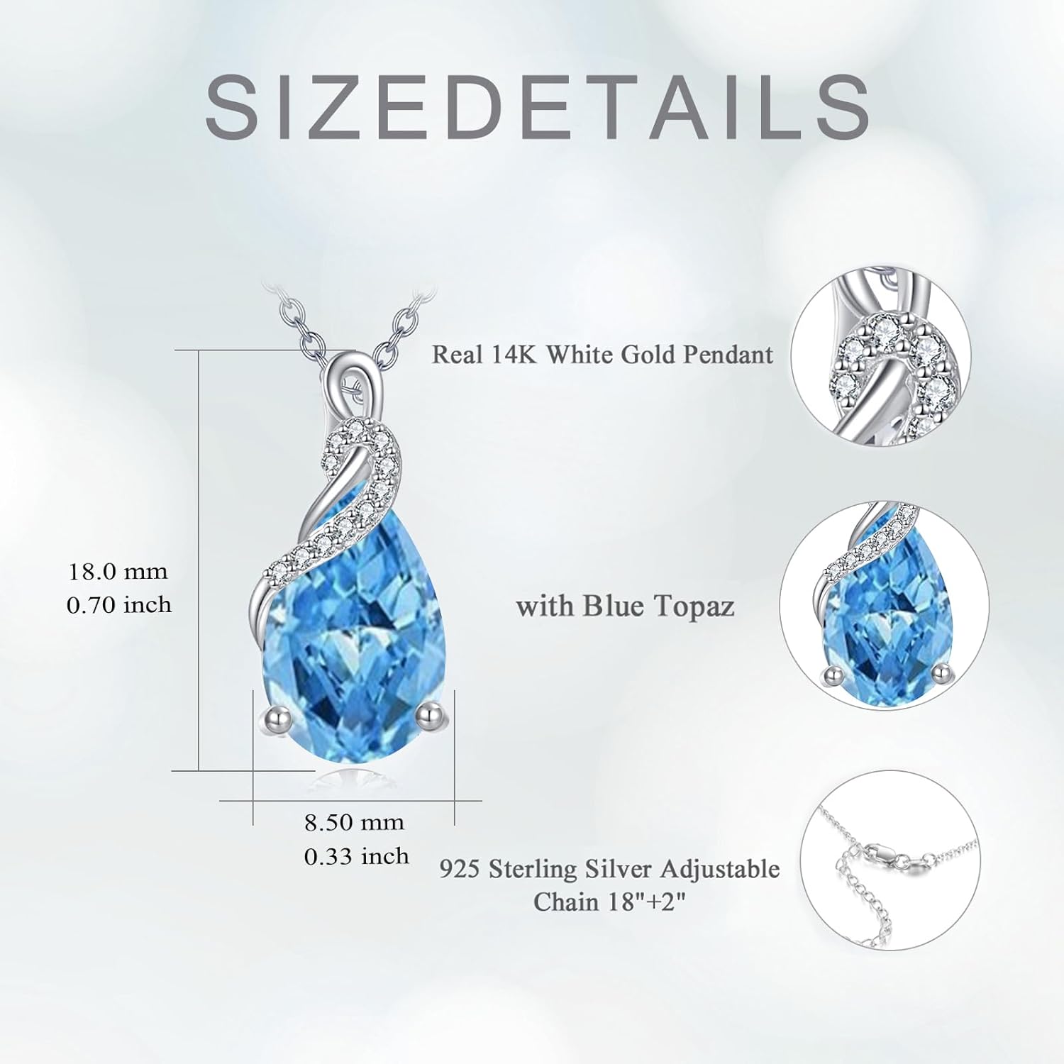 14K Real White Gold Teardrop Gemstone Necklace for Women Pear Cut Birthstone Pendant Necklaces Christmas Birthday Jewelry Gifts for Mom Wife Her, Sterling Silver Chain 18" + 2" - Image 4