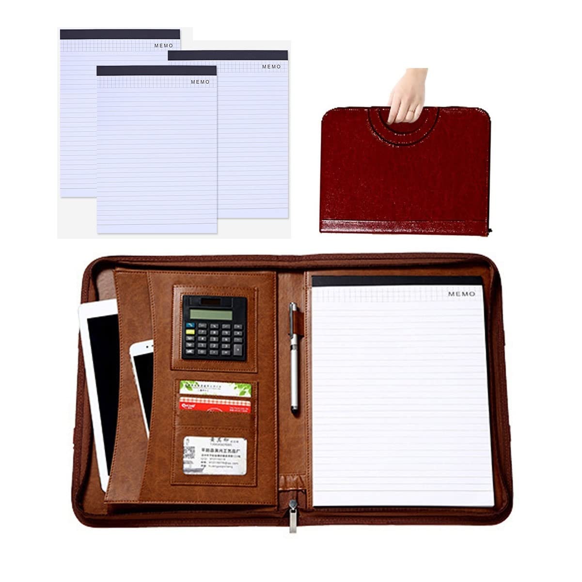 Padfolio A4 Biznesowe Teczka konferencyjna z zamkiem błyskawicznym, Osobisty organizer do pracy, Podróżny segregator pierścieniowy z kalkulatorem dla mężczyzn i kobiet, w tym podkładka prawna 25 arkuszy 4-pak (kolor: brązowy)