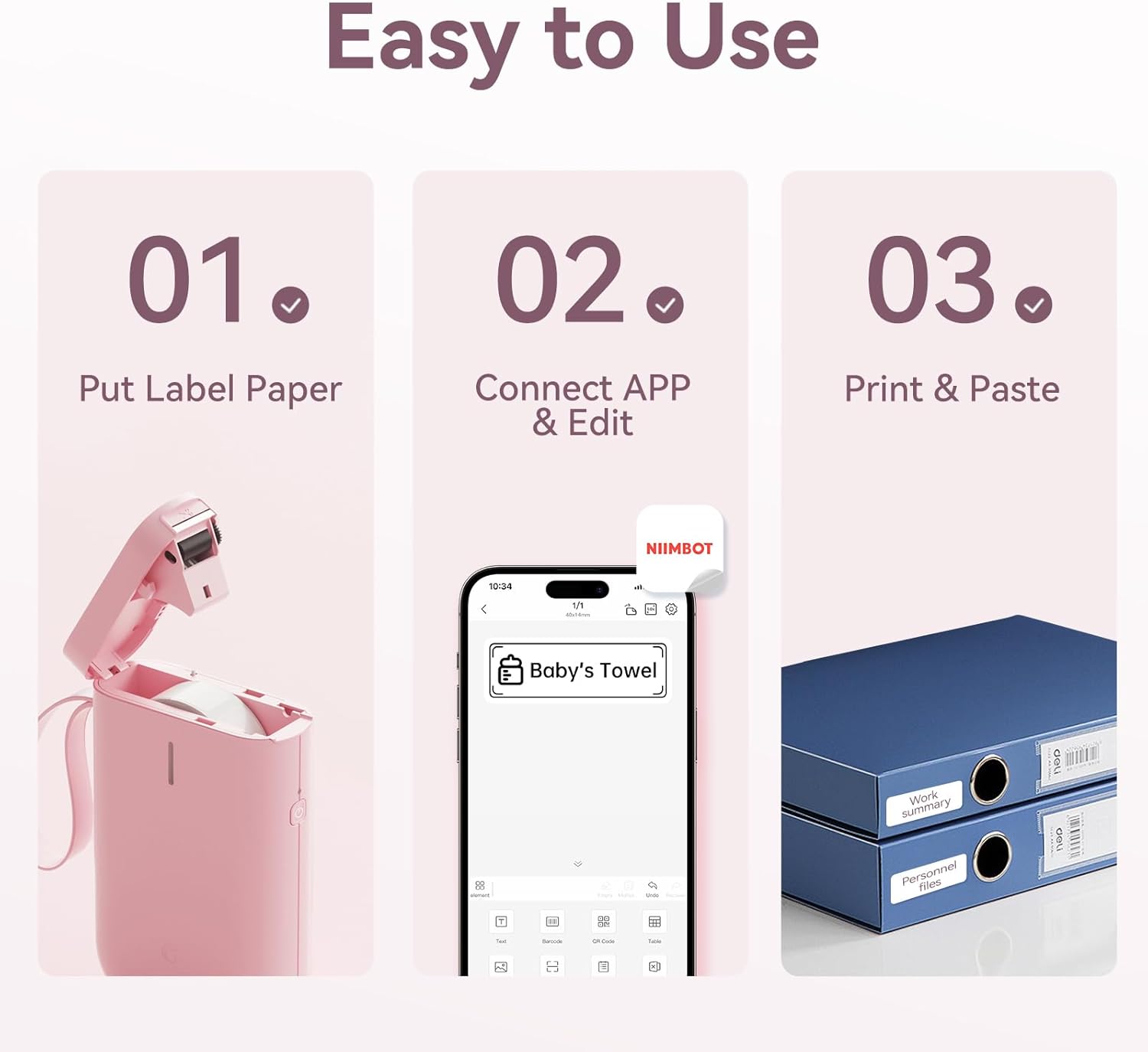 Steps for loading label paper into the NIIMBOT D11 Label Maker