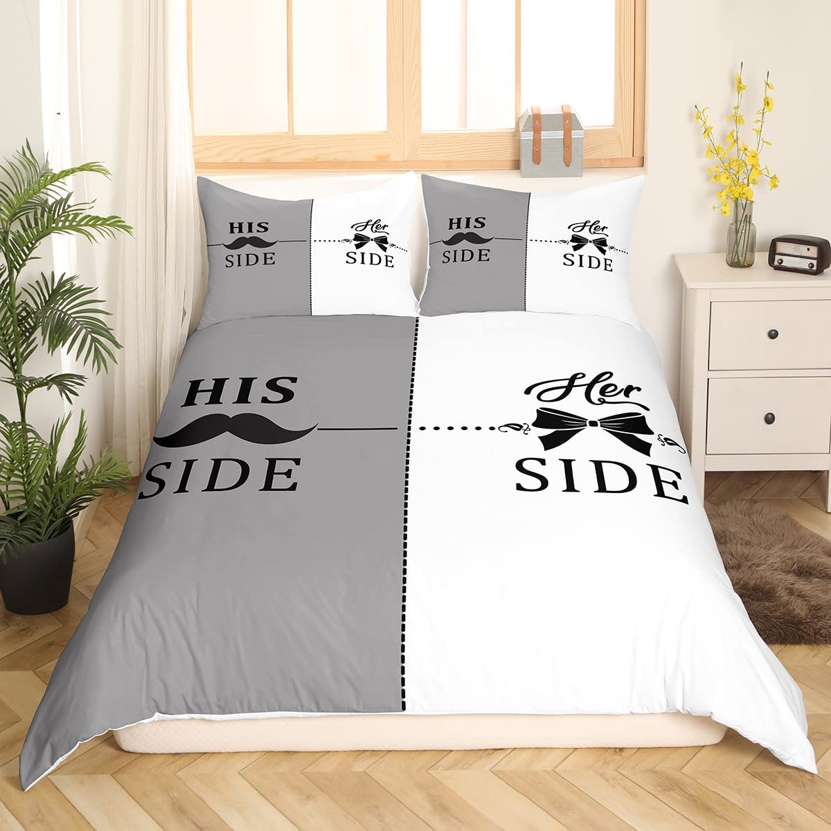 Couple Bedding Set Mr. Right Mrs. Right Comforter Cover Beard Bowknot Valentine'S Day Duvet Cover Set His Side Her Side Romanic Love Quilt Cover Bedroom Home Decor With 2 Pillow Cases King Size - Image 3