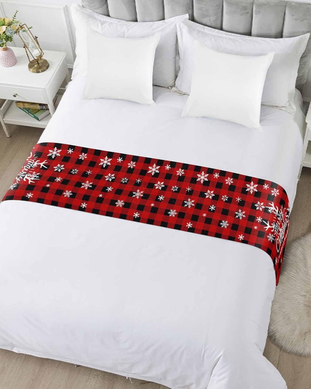 Christmas Bed Runner Scarf Full Queen Size, Winter Snowman Snowflake Xmas Trees Red Plaid Luxury Bed Throw Runners & Scarves for Twin Full Queen King Foot of Bed, Bedroom Hotel Decoration, 83"x20"