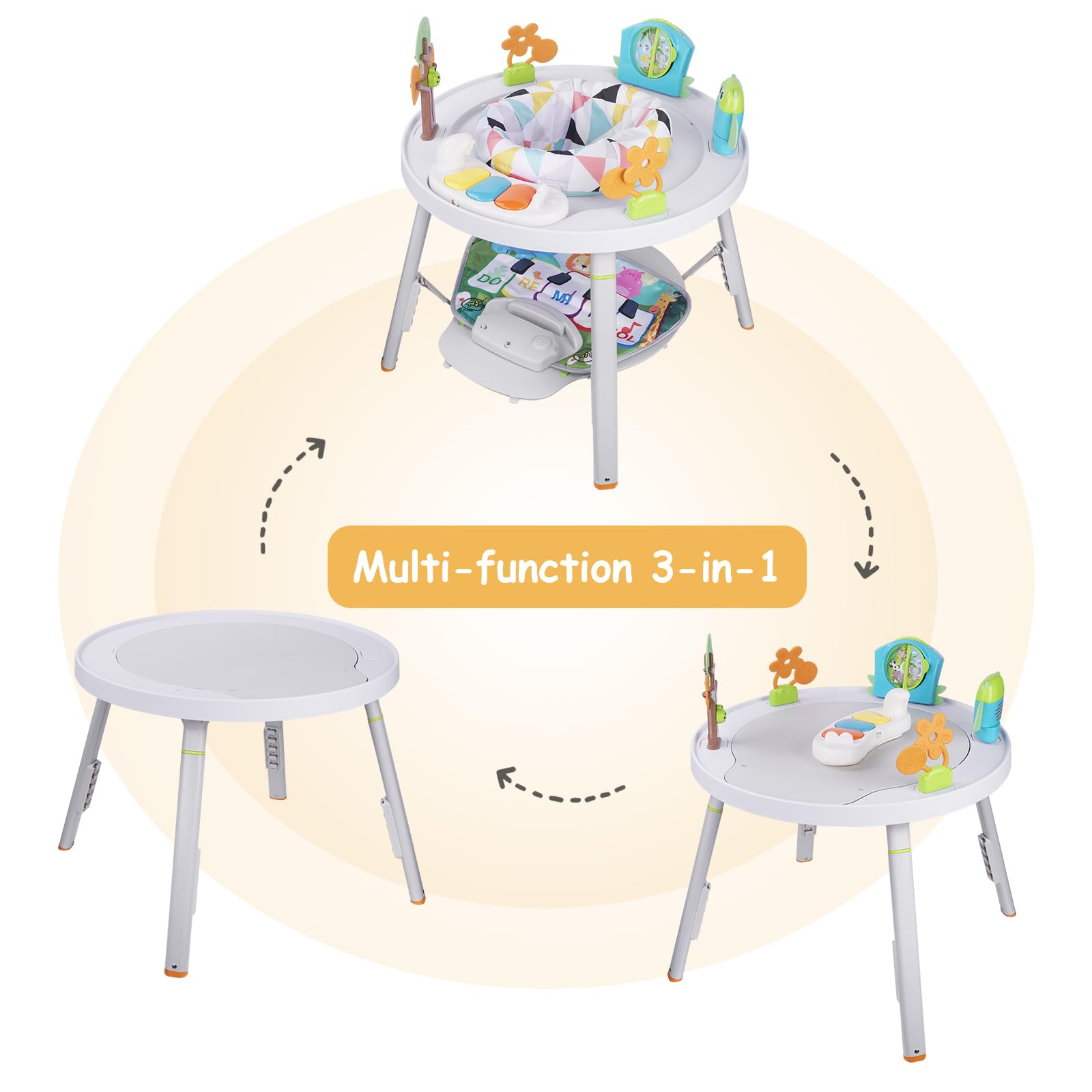 Centre d'activités pour bébé avec Hauteur réglable, siège pivotant 360°, Jeu interactif 6+ Mois