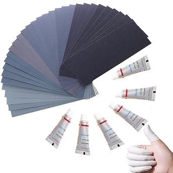 Extra Fine Sand Paper 120 to 20000 High Grit, 60 PCS Sandpaper Sheets with 10 Finger Cots, 6 Polishing Pastes, Assorted Wet Dry Sandpaper Assortment, for Car Wood Metal Furniture 9.1 x 3.6 60 PCS