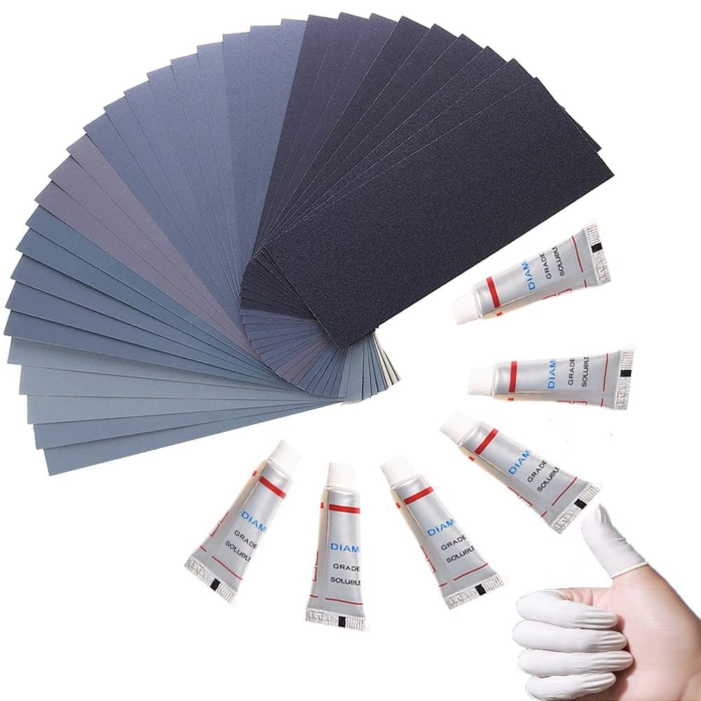 Lot de 60 papiers abrasifs fins de 120 à 20 000, assortiment de papier abrasif à grain élevé humide et sec avec 10 doigtiers pour ponçage du bois, du métal et du polissage automobile, 23 x 9,1