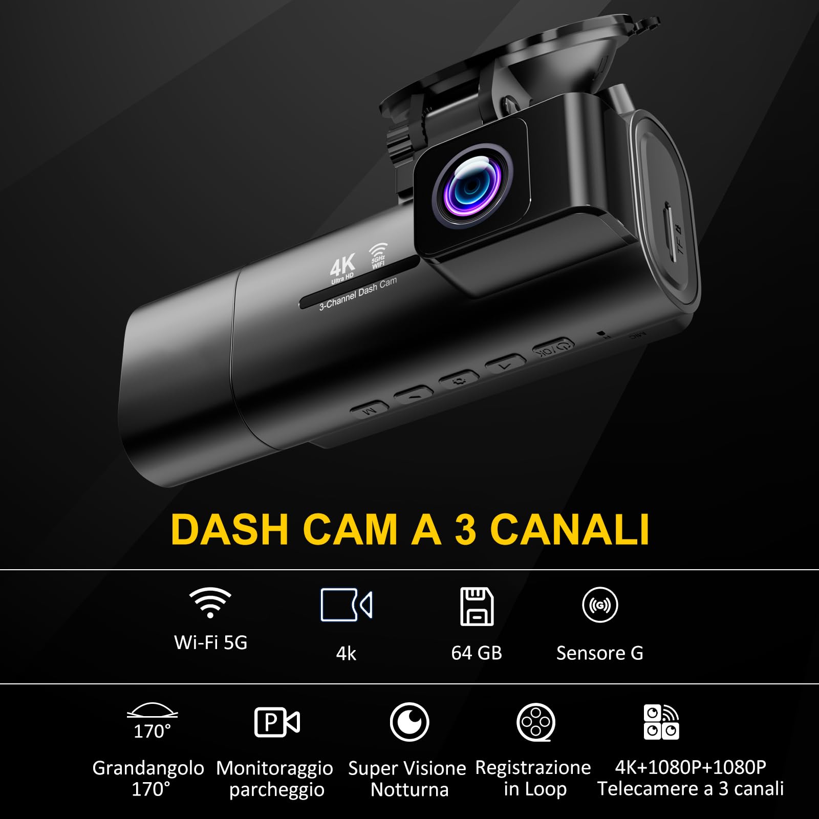 3 Canali Dash Cam Auto, 4K+1080P+1080P Telecamera per auto, 3,17" Display IPS Dash Cam con Scheda SD 64G, 5GHz WiFi, 24H Monitor di Parcheggio, Visione Notturna, WDR, Grandangolo 170°, Sensore G