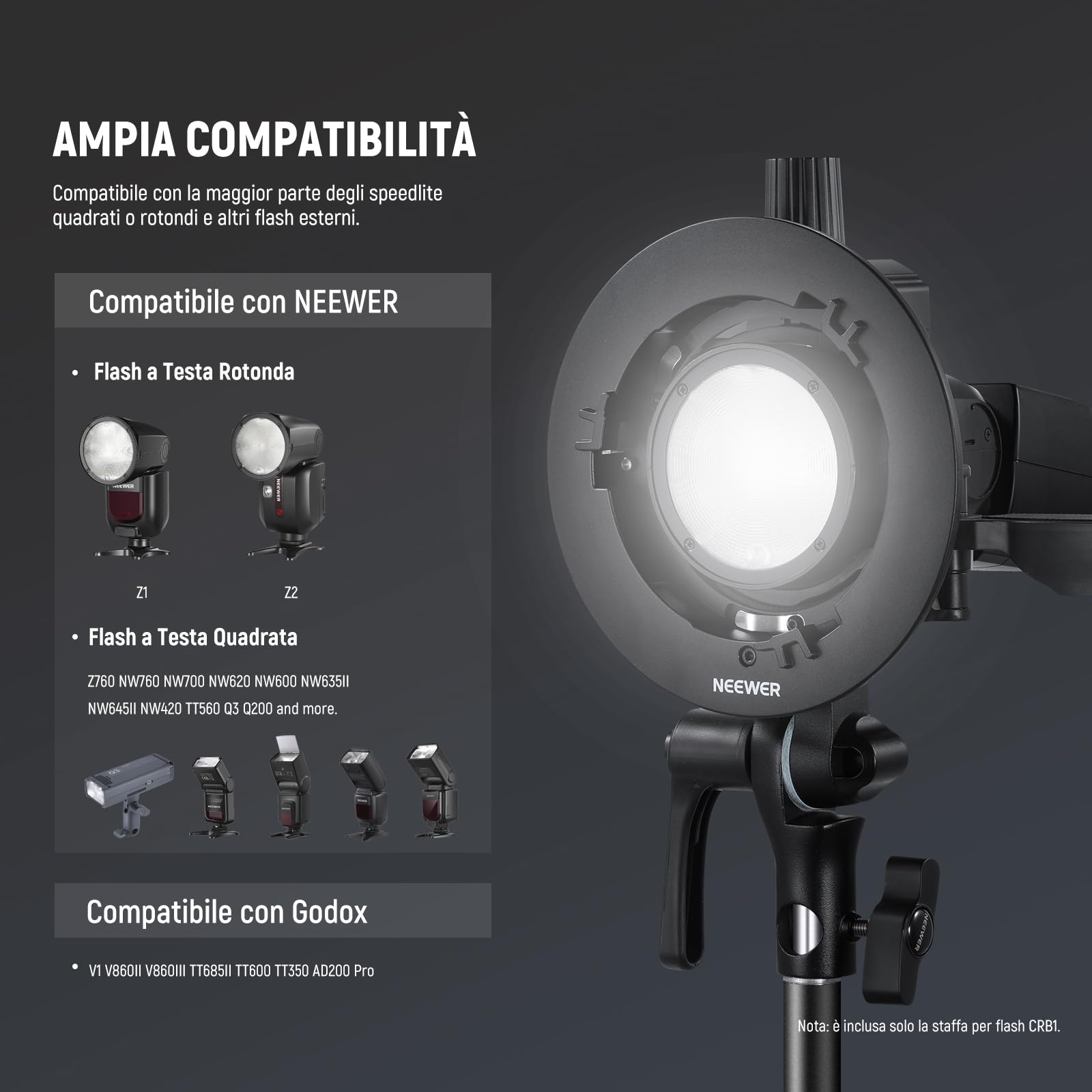NEEWER CRB1 Supporto a Staffa Tipo S con Attacco Bowens e Foro per Ombrello per Flash Speedlite a Testa Quadrata/Rotonda Z2 Z1 Z760 NW760 NW700 TT560 Q3, Compatibile con Godox AD200Pro V1