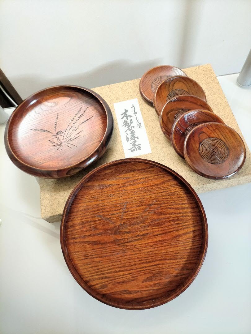 Amazon.co.jp: 木製漆器 うるし塗 蘭刻 丸盆 菓子鉢 茶托揃 箱付 漆器