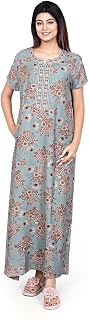 Evolove Alpine Fabric Nighty Maxi for Women with Side Pocket and Neckline Embroidery | Printed Short Sleeves Full Length N... Price In India