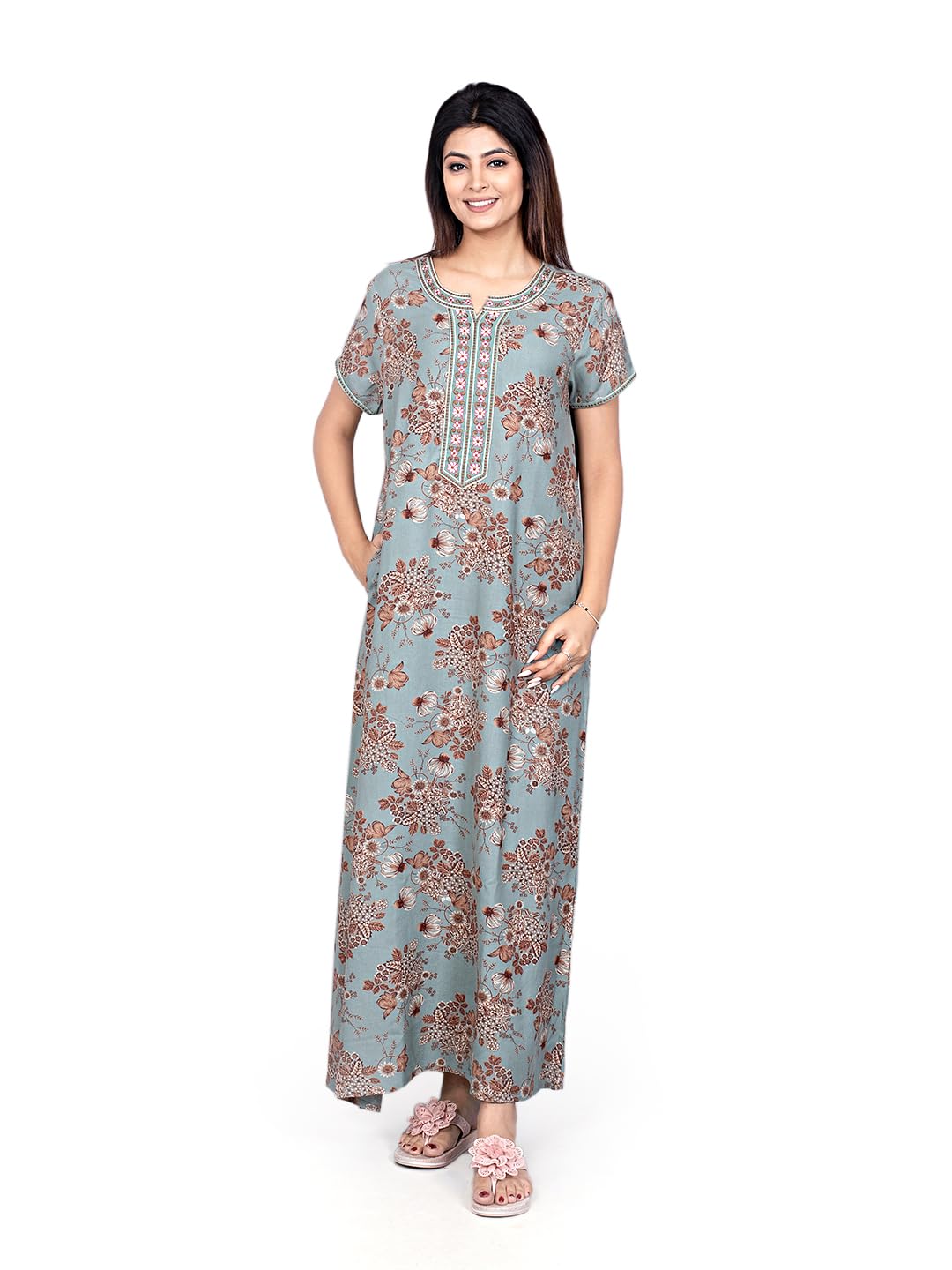 Evolove Alpine Fabric Nighty Maxi for Women with Side Pocket and Neckline Embroidery | Printed Short Sleeves Full Length N... - Review, Price and Buying Guide
