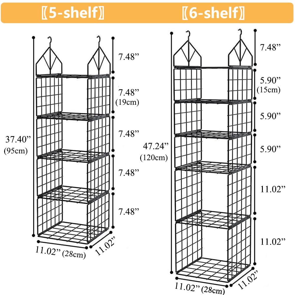 Organiseur de placard à suspendre, 5 étagères de rangement en métal, étagères de placard pliables à suspendre, rangement polyvalent pour vêtements, sacs à main, noir
