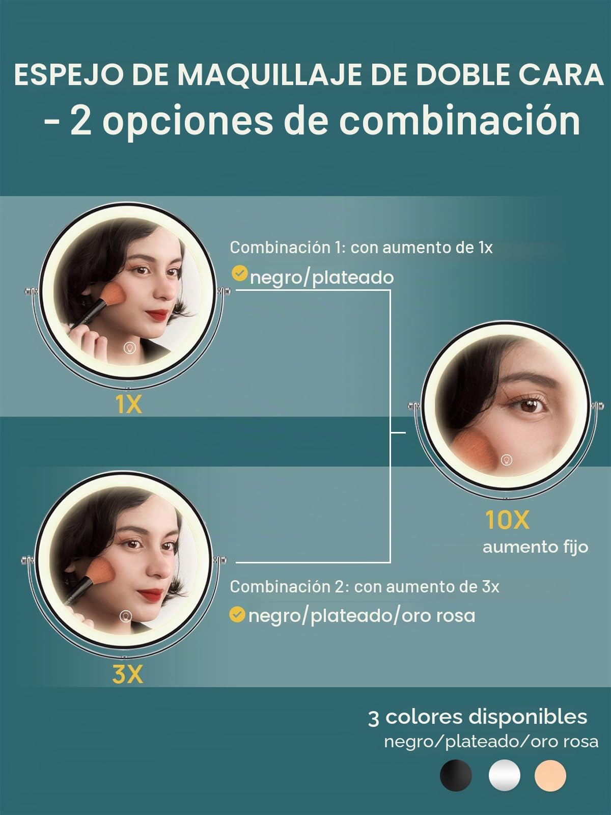 OMIRO Espejo Maquillaje LED con Aumento 3X/10X, Espejo Tocador sin Giro con Soporte Ajustable en Altura (Negro)