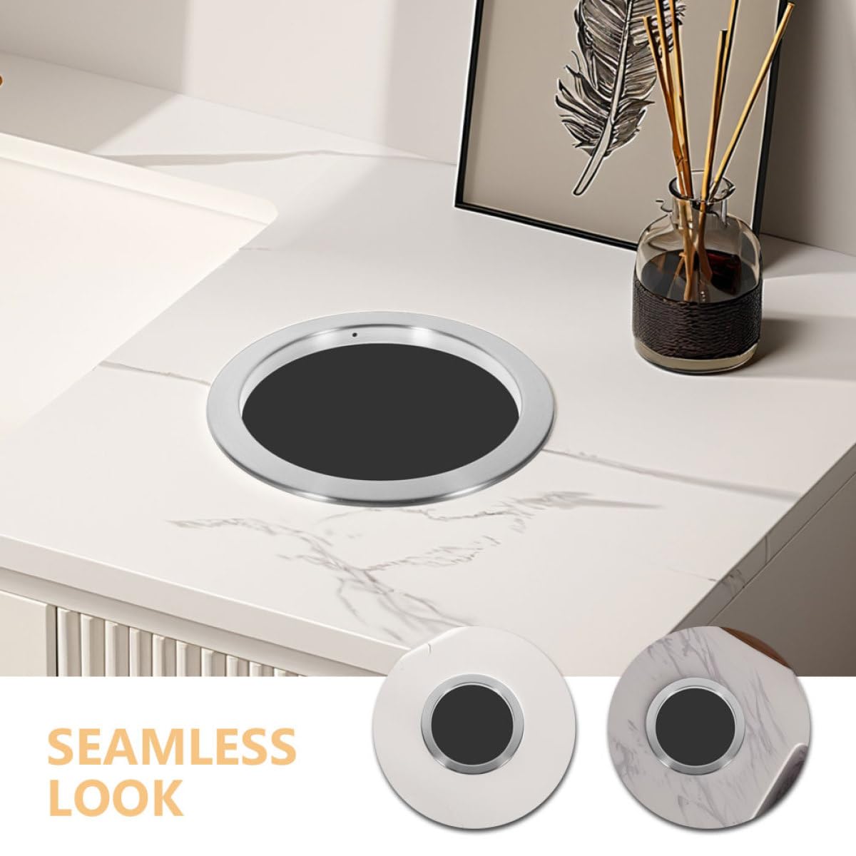 OSALADI Tapa Empotrada para Cubo de Basura de Cocina en Acero Inoxidable 430, Diseño Hueco Anillo Redondo, Cubierta Abatible Integrada para Encimeras, Solución Oculta y Compacta