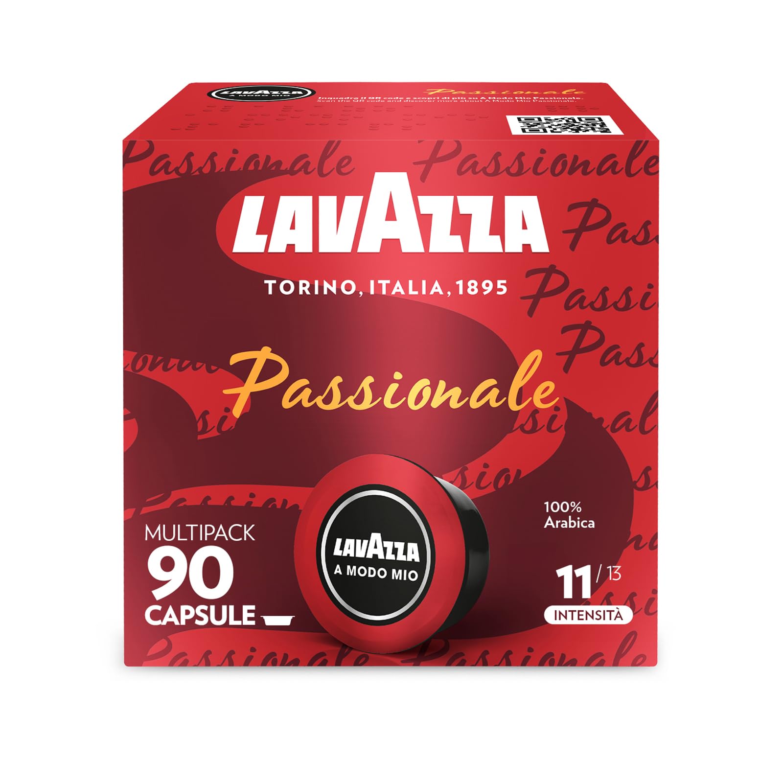 Lavazza, A Modo Mio Passionale, 90 Capsule Caffè, per un Espresso con Note di Caramello e Cioccolato, 100% Arabica, Intensità 11/13, Tostatura Scura