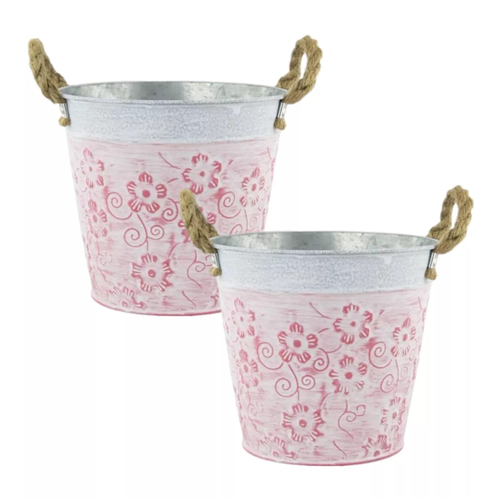 2Pc Tin Pail Plant Pot 20cm Pink Floral Planter With Rope Handles Indoor Outdoor