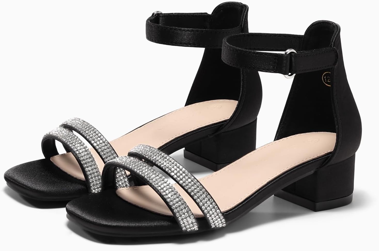 Coutgo Girls Dress Shoes Sandals Chunky Low Heels Rhinestone Strap Flower Girl Wedding Party Shoes