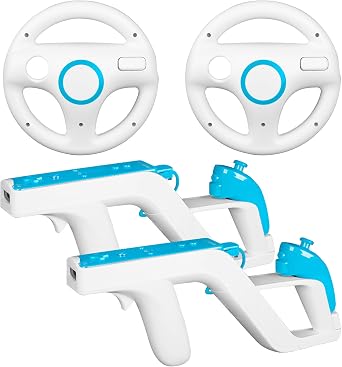 Machine-Ya Wii Zapper Gun and Steering Wheel Compatible with Nintendo Wii & Wii U Remote Game 2-Pack, White