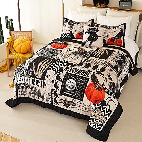 Cmfshape Halloween Bedspread,Black Quilt Set King Size,Pumpkin Ghost Festival Themed Bedding Set,Decorative Quilted 4 Piece Coverlet Set with 3 Pillow Shams(Black,King104 x90)