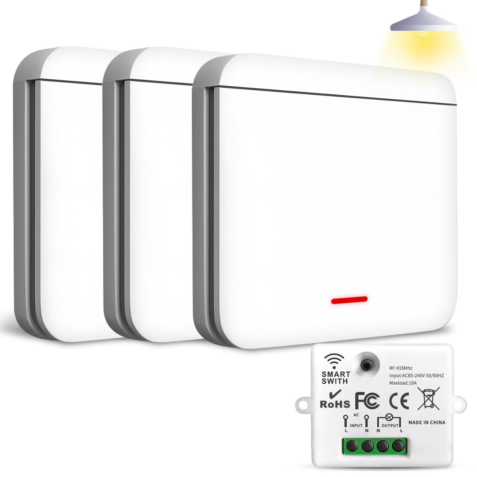 Interruptor inalámbrico de 433 MHz, 2200 W/10 A, interruptor inalámbrico con receptor (kit de 3 interruptores + 1 receptores) - Control de iluminación y enchufes