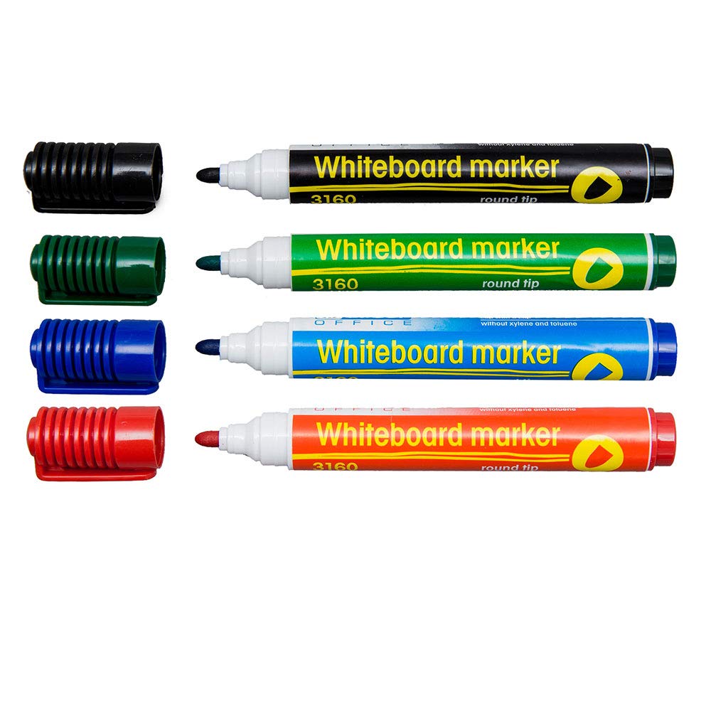 D.RECT 3160 Whiteboard Markers for Whiteboards and Flipcharts, Wipe Clean Glass Board Marker Bullet Tip Set of 4 (Blue, Black, Red, Green)