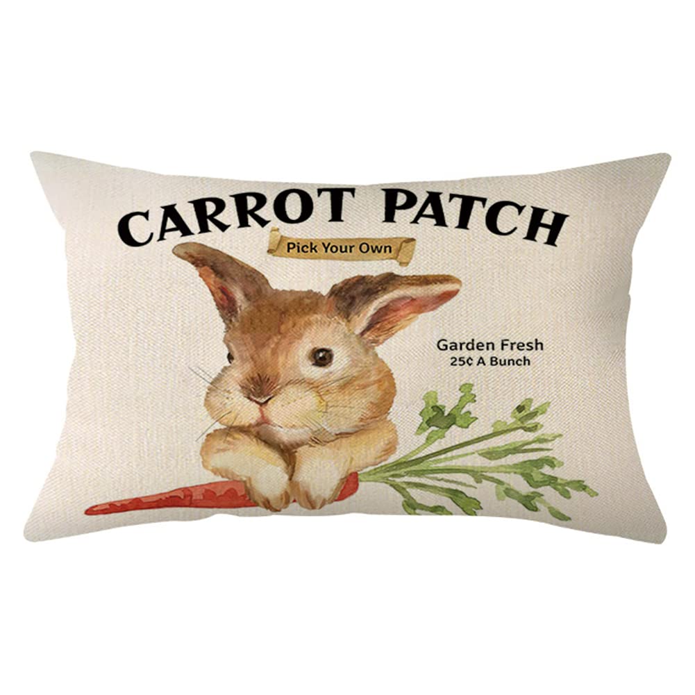 Easter Bunny Lumbar Pillow Cover 12 x 20 Inch Rabbit Carrot Patch Spring Cushion Case Decoration for Sofa Couch