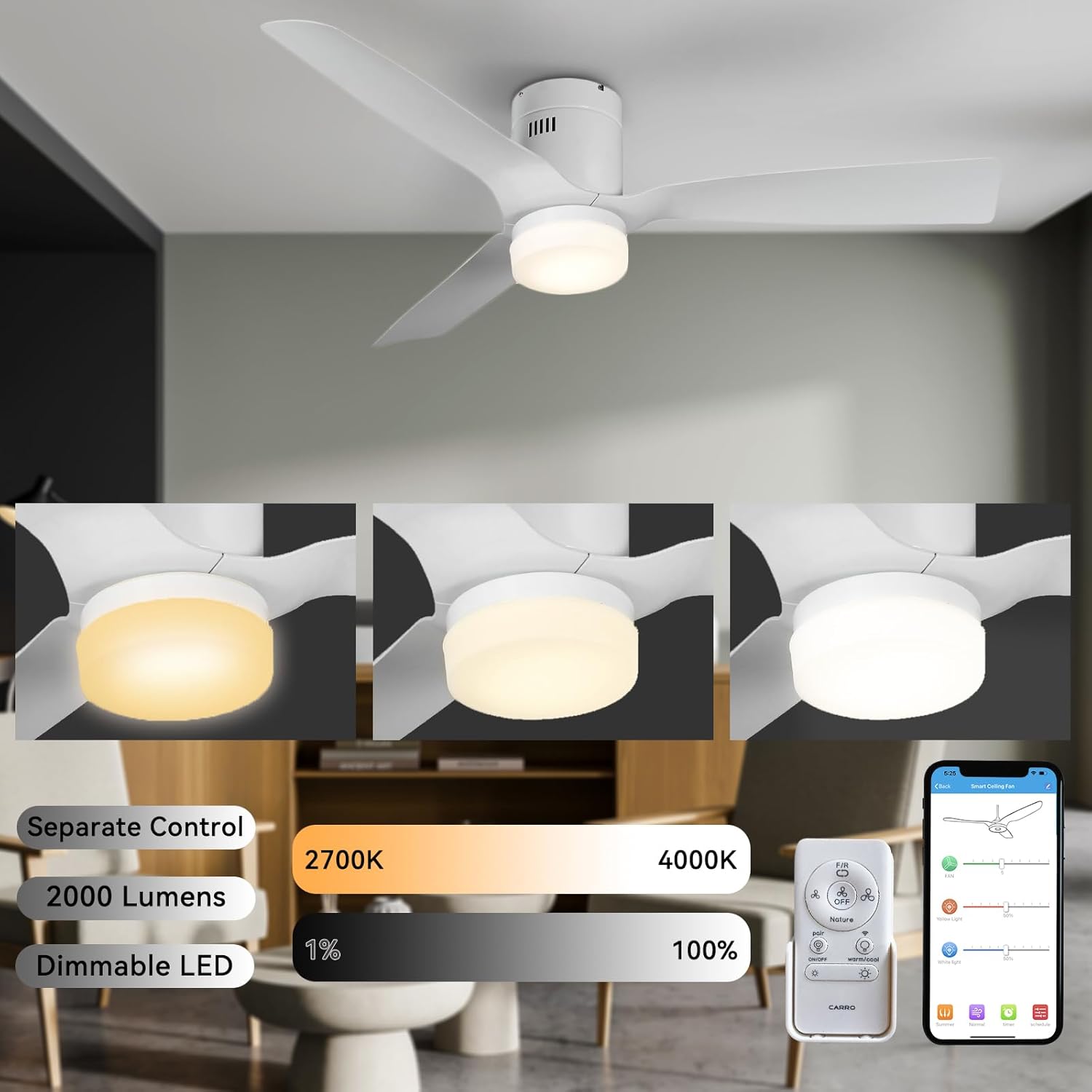 SMAAIR 52 Inch Smart Ceiling Fan with Lights and 10-speed DC Motor, Dimmable LED Light Works with Remote Control| Alexa| Google Assitant| Siri Shorcuts (52 Inch, White)