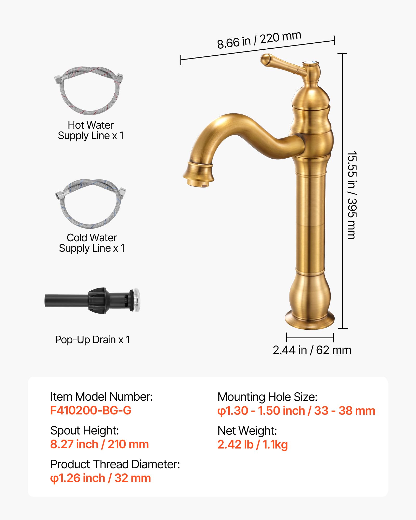 VEVOR Grifo Monomando para Lavabo con Botón Pulsador, Grifo para Fregadero de Cocina, Mezclador Monomando para Baño, Fregadero de Caravana, Carcasa de Latón, Dorado Antiguo, 395 x 220 x 62 mm