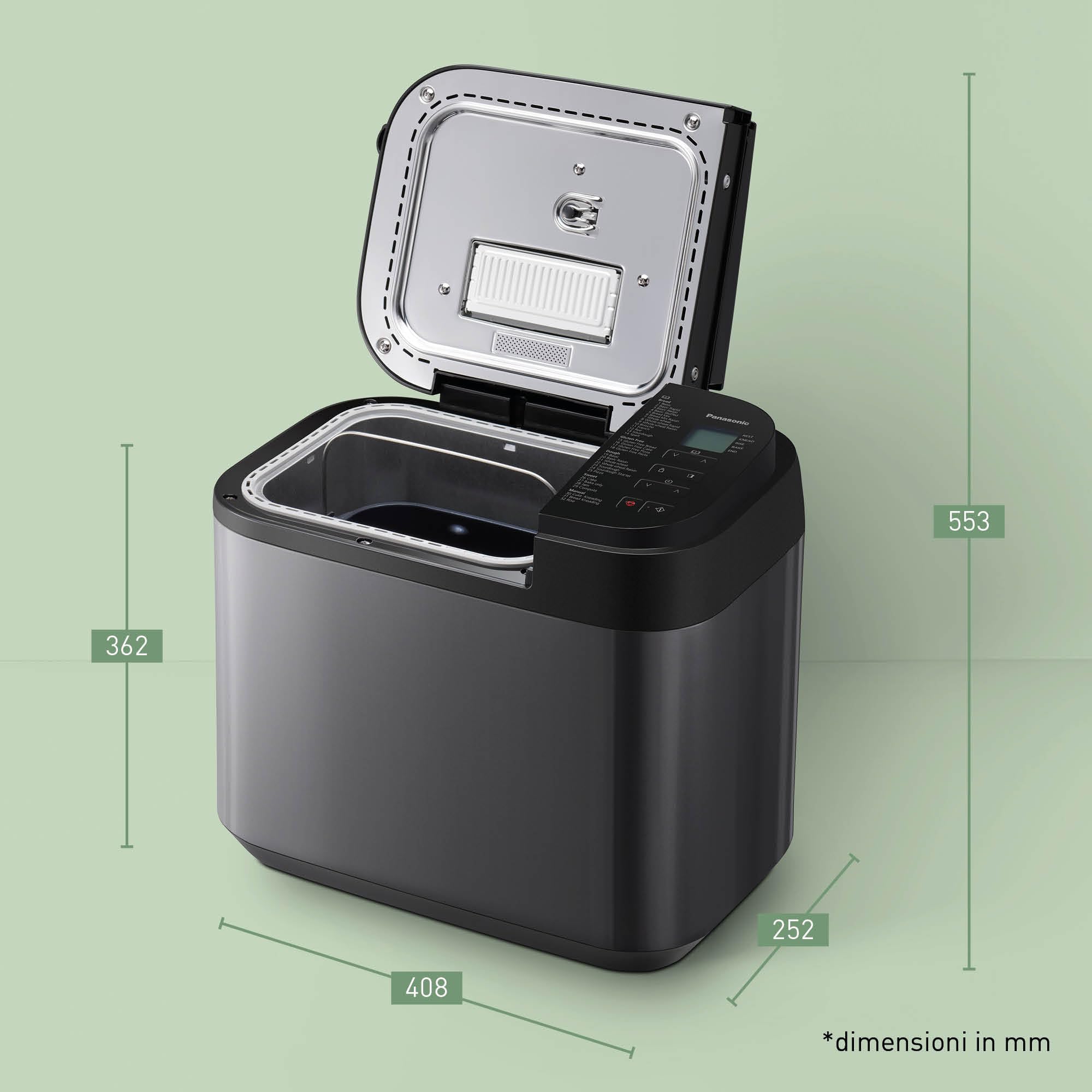Panasonic SD-YR2540 Premium Grigio Macchina per il pane completamente automatica, design orizzontale e dispenser per lievito, 32 programmi automatici, due sensori di temperatura, tempo predefinito di