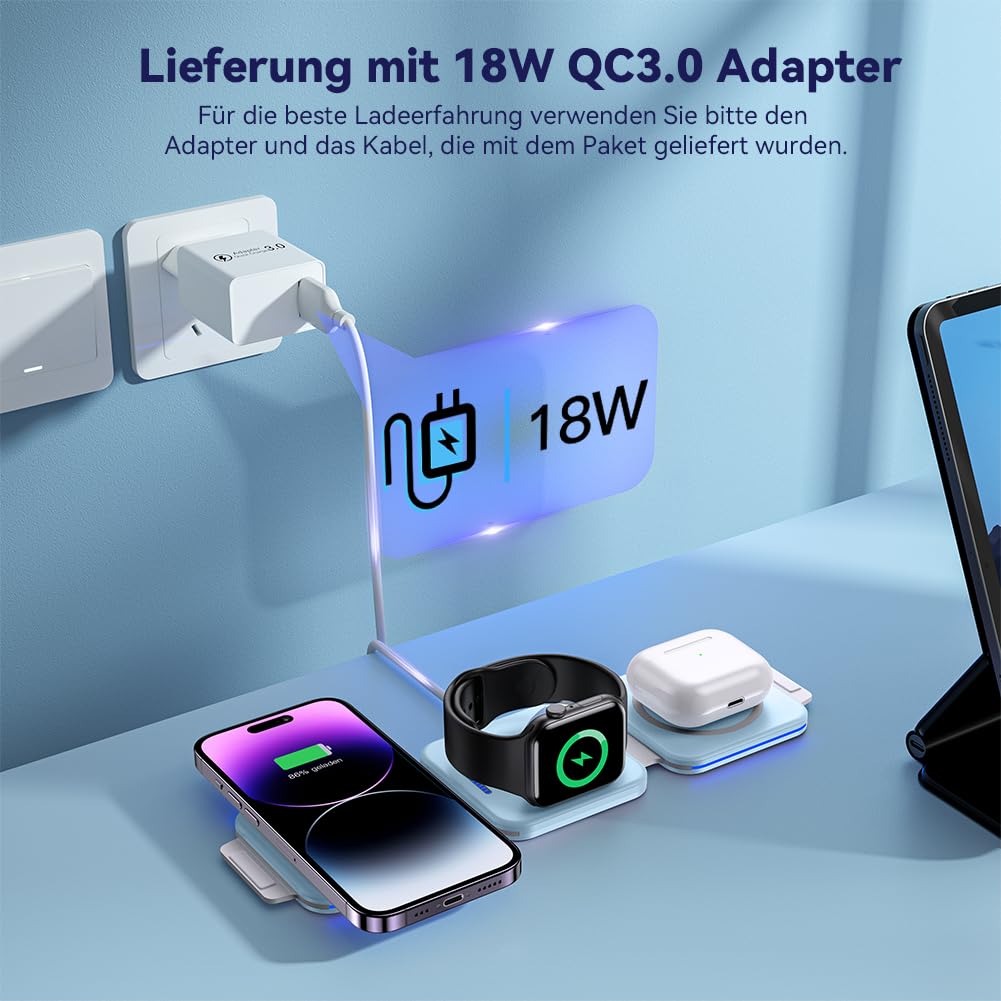 ZUMSEY Caricatore Wireless Pieghevole 3 in 1, Supporto di Ricarica Magnetico Compatibile con iPhone 15 14 13 12/Pro/Pro Max/Plus, Wireless Charger per iWatch 9/Ultra 2/8/7/6/SE/5/4, AirPods Pro/2/3