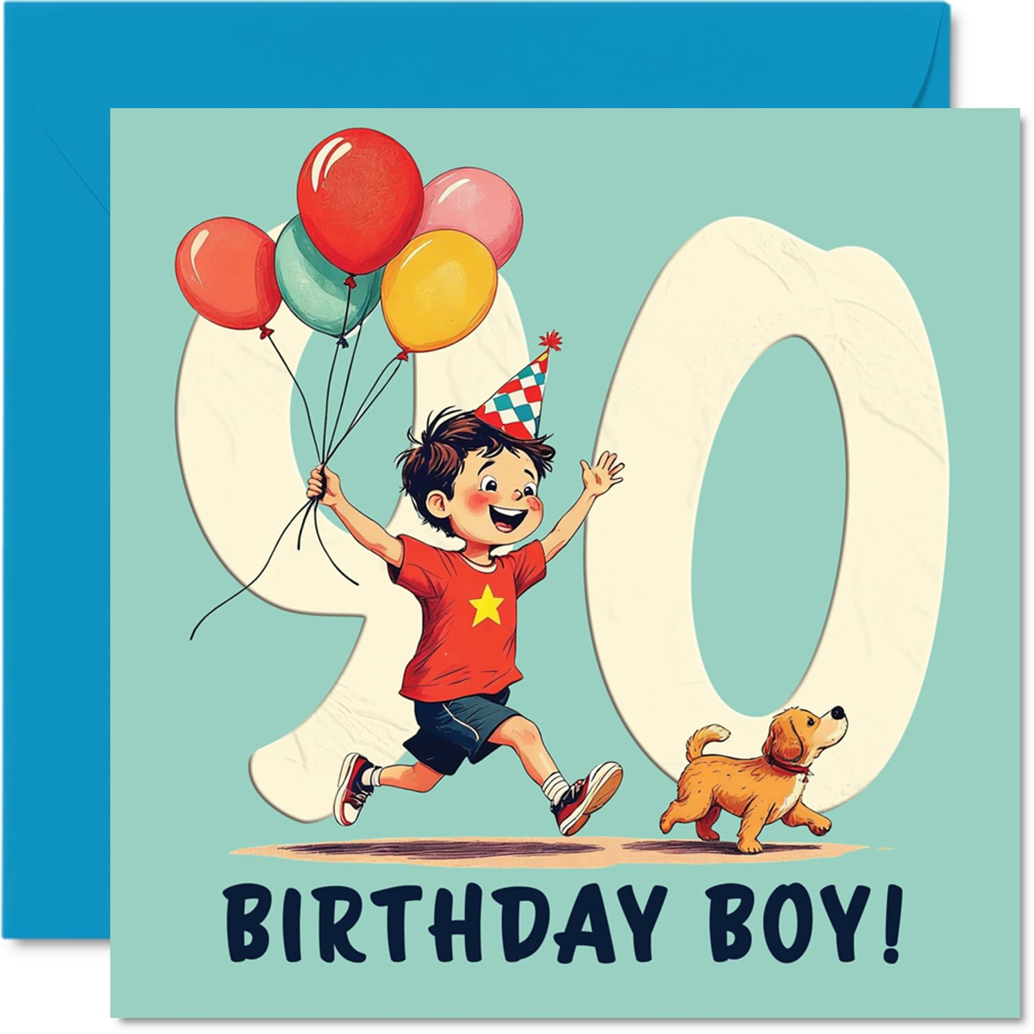 90th Birthday Cards for Men - Balloon Boy - Happy Birthday Card for 90 Year Old Man Grandpa Great Grandad Grandad Uncle, 145mm Bday Greeting Cards
