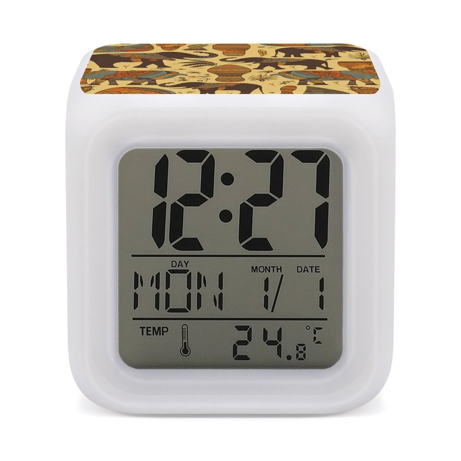VstaDank Africa Elephant Alarm Clock with 7 Color Changing Night Light Date Temp Display Wake Clocks LED Display Digital Clock Electric Desk Clocks for Living Office Bedroom Decor