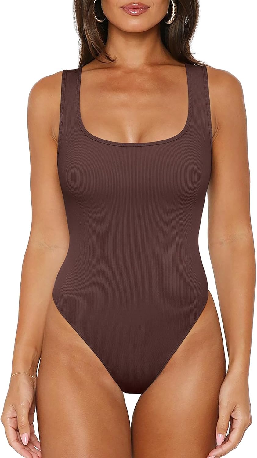 REORIA Tank Top Bodysuits for Women Ribbed Scoop Neck Sleeveless Slimming Basic Body Suit Tops Going Out Outfits 2026 Summer