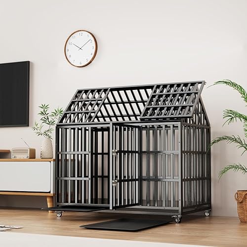 Heavy Duty Carbon Steel Dog Crate with Spire Roof Design, Lockable Front and Top Doors, Removable ABS Trays & 4 Swivel Casters for Large Breeds (52