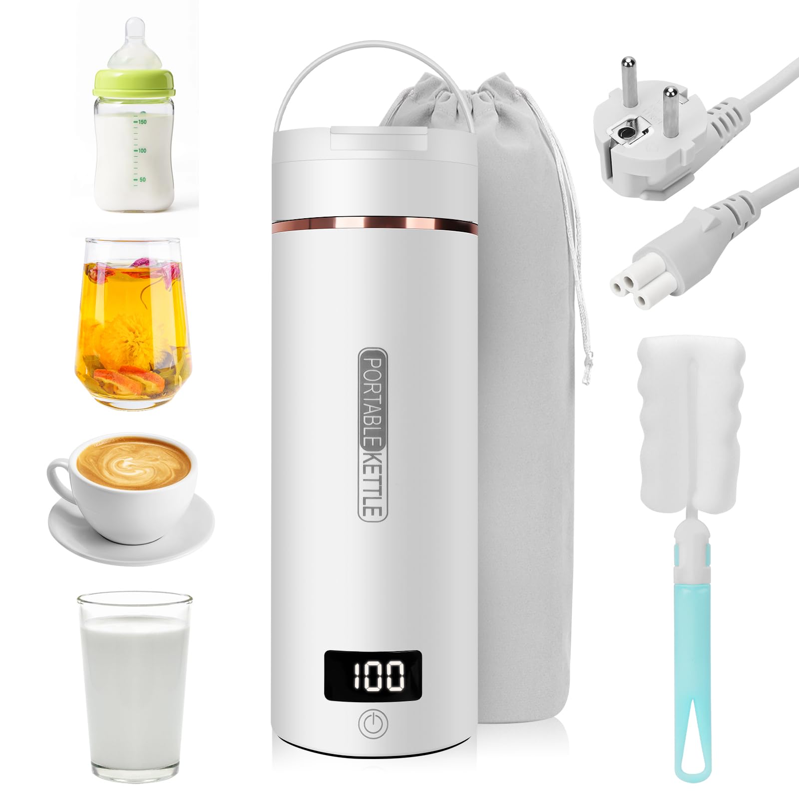 Kssvzz Dual Voltage kleine reiswaterkoker elektrisch, 450 ml mini draagbare waterkoker met 6 temperatuurregelingen - LCD-display, 304 roestvrij staal, automatische uitschakeling, droogkookbeveiliging