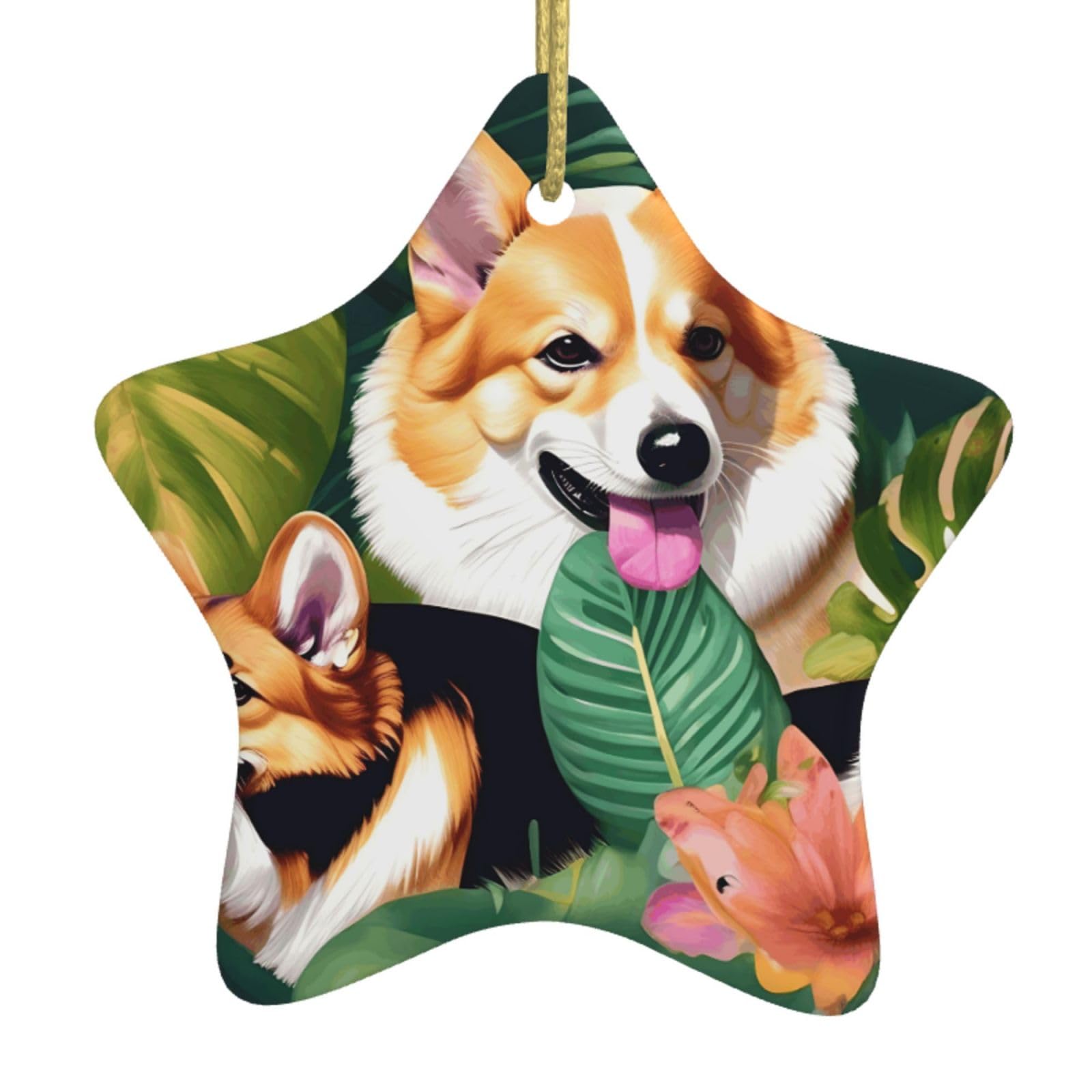 Nbtghga White Tropical Flower And Corgi Print Christmas Ornaments, Ceramic Hanging Ornament, Round Shape Decorations