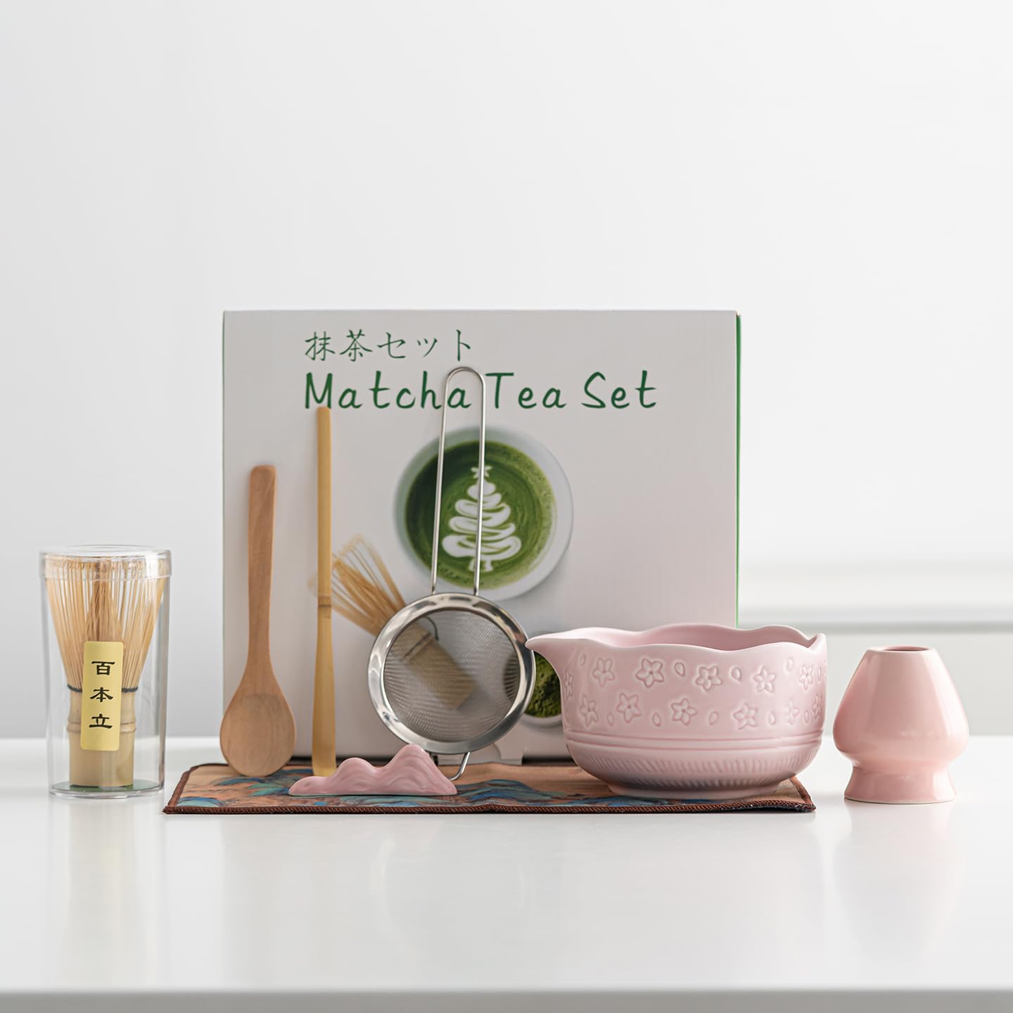 Matcha-Schneebesen-Set, Matcha-Schüssel, Schneebesen mit Halter, Bambusschaufel und Löffel, Sieb und Geschirrtuch, zeremonielles Matcha-Teeset (rosa), 8-teilig