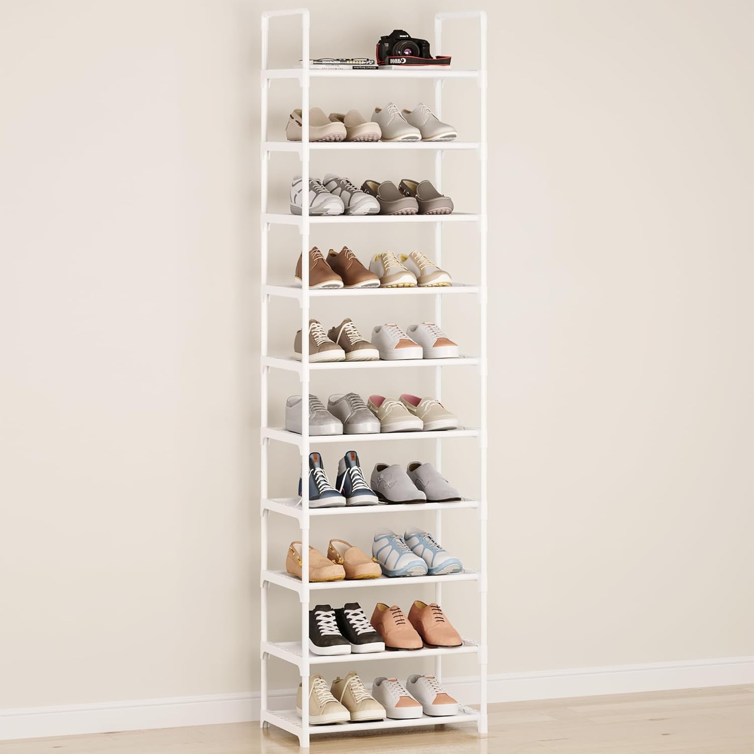HBDMVFEN 10-Tier Narrow Shoe Rack Organizer, Vertical Shoe Storage Sturdy and Space-Saving for Entryway, Closet, and Living Room, Adjustable Height, Holds 20-25 Pairs (White)