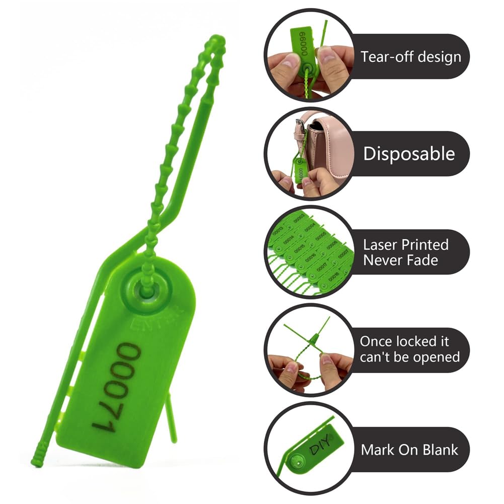 100 Sigilli di Sicurezza In Plastica Numerati, Etichette A Prova di Manomissione, Tiranti, Sigilli Antimanomissione Sicuri, Autobloccanti, Verde