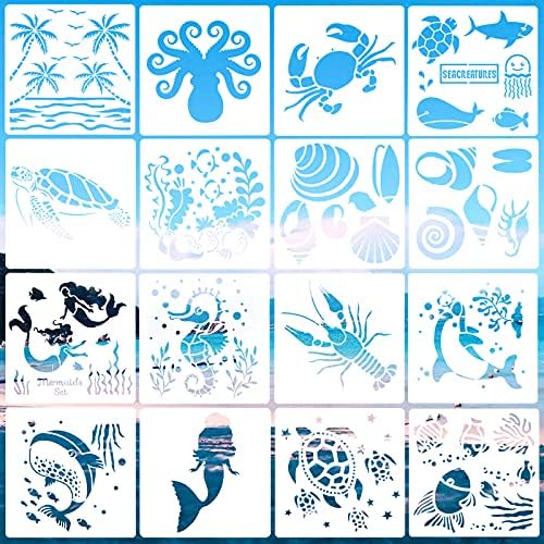 16Pcs Sea Ocean Creatures Stencils, Reusable Washable Plastic Marine Life Animal Painting Drawing Stencils, Mermaid Painting Stencils, Art Stencils and Templates for Painting DIY Craft Projects