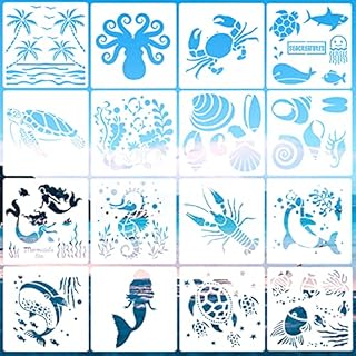 16Pcs Sea Ocean Creatures Stencils, Reusable Washable Plastic Marine Life Animal Painting Drawing Stencils, Mermaid Painting Stencils, Art Stencils and Templates for Painting DIY Craft Projects