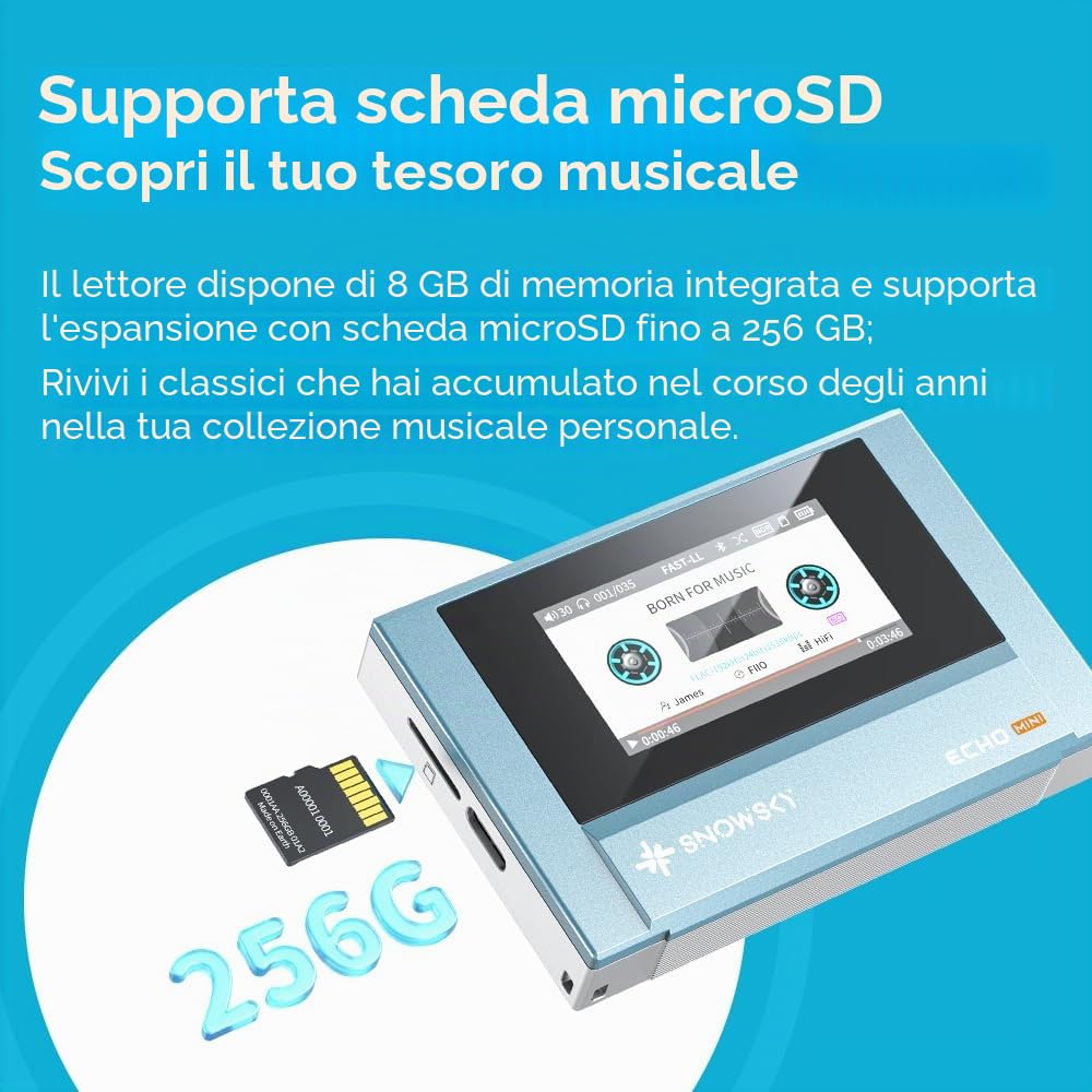 SnowSky/FiiO Echo MINI Lettore MP3 HiFi Bluetooth, 15 Ore di Riproduzione, Controllo del Volume Indipendente con Uscite Cuffie da 3,5 mm/4,4 mm (Blu Cielo)