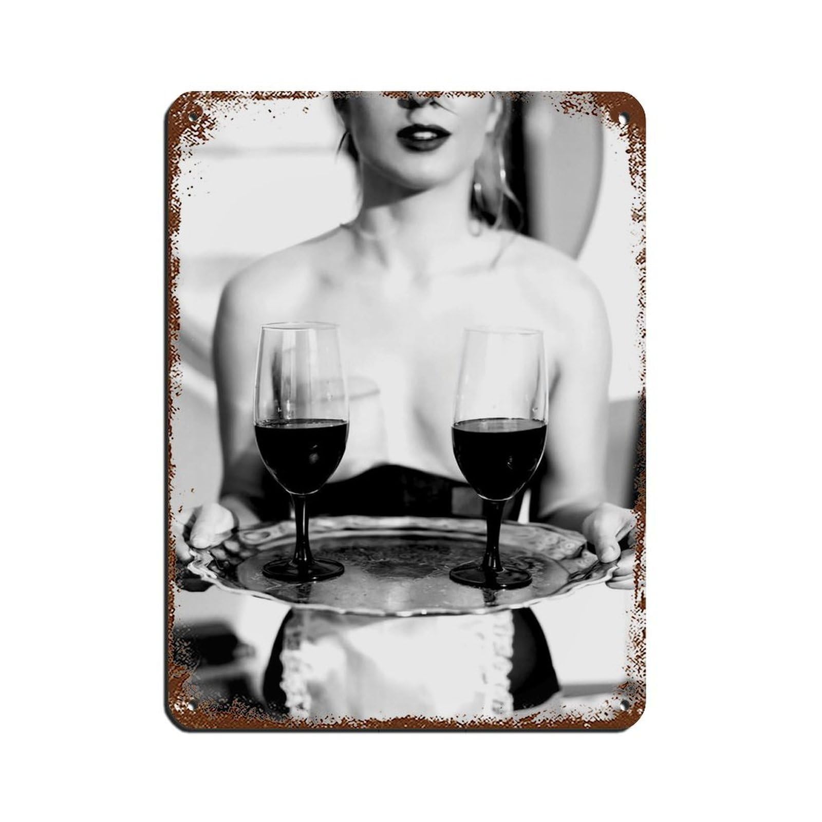 Woman Holding Red Wine Poster Tin Sign Vintage Metal Pub Club Cafe Bar Home Wall Art Decoration Poster Retro 12x16inch(30x40cm)