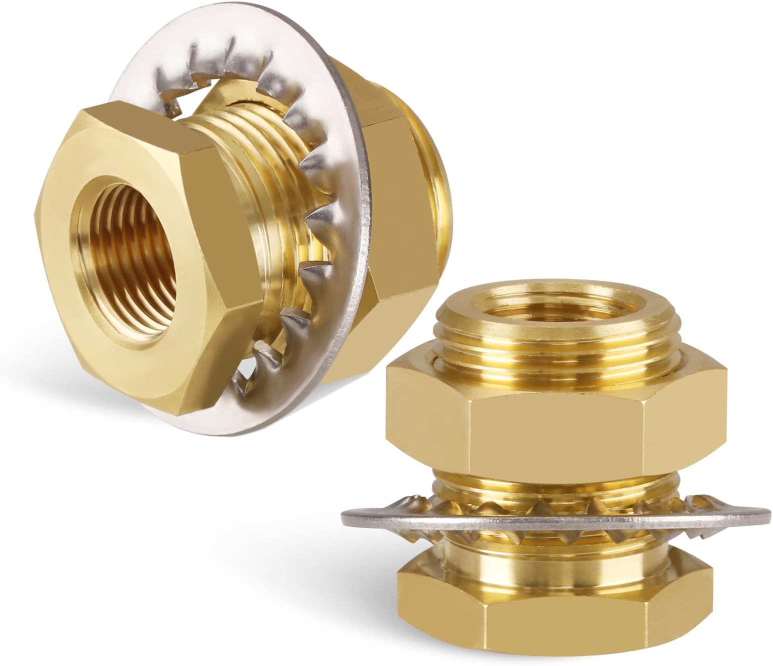KOOTNAS 2-Pack Solid Brass Bulkhead Fittings, 3/8 NPT Taper Female 1" Straight Male Thread Brass Connector with Metal Wave Ring, 1.32" Length for Water Tank, Pipes, Faucets, Hoses, Pipe Fittings