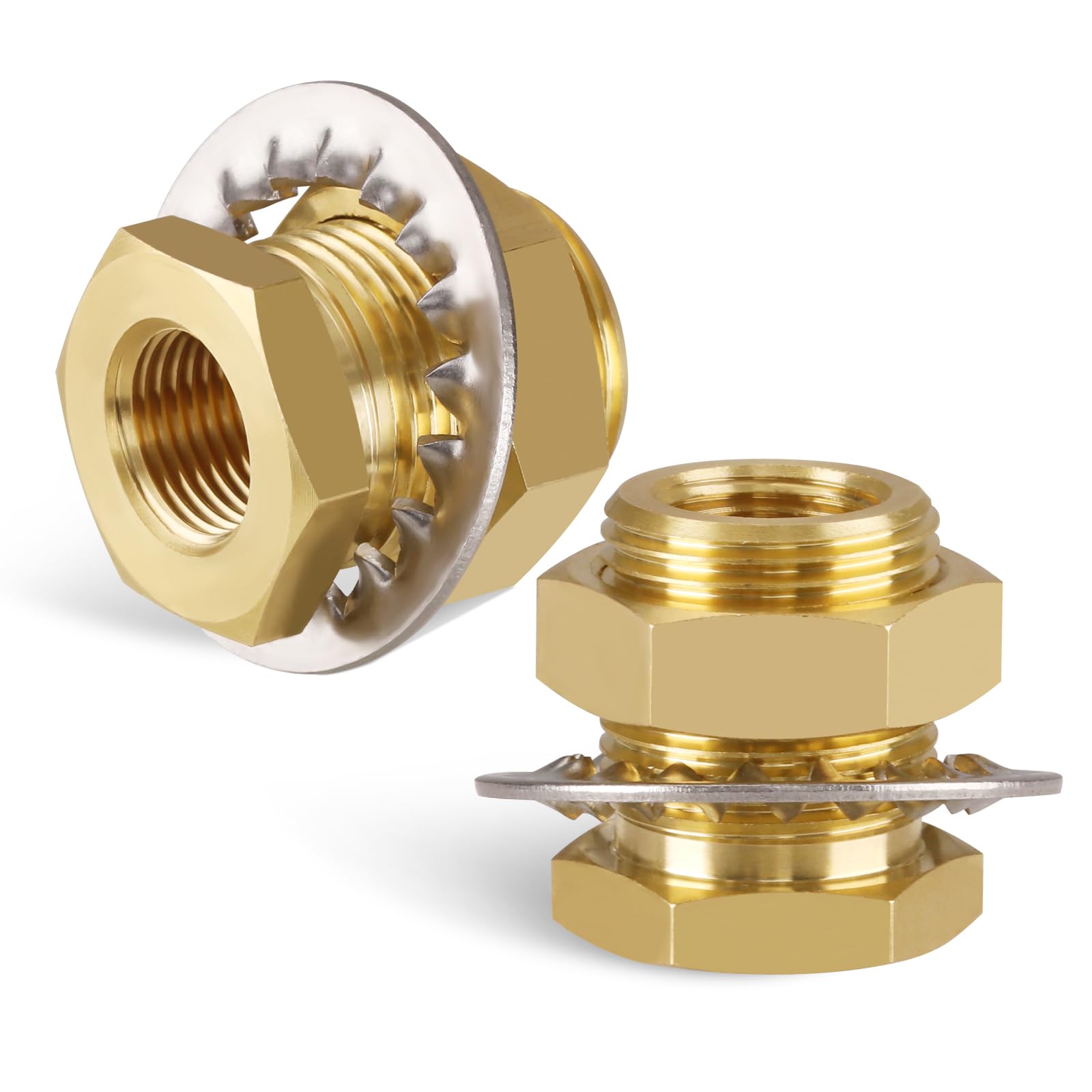 KOOTNAS 2-Pack Solid Brass Bulkhead Fittings, 3/8 NPT Taper Female 1" Straight Male Thread Brass Connector with Metal Wave Ring, 1.32" Length Brass Coupling Fitting