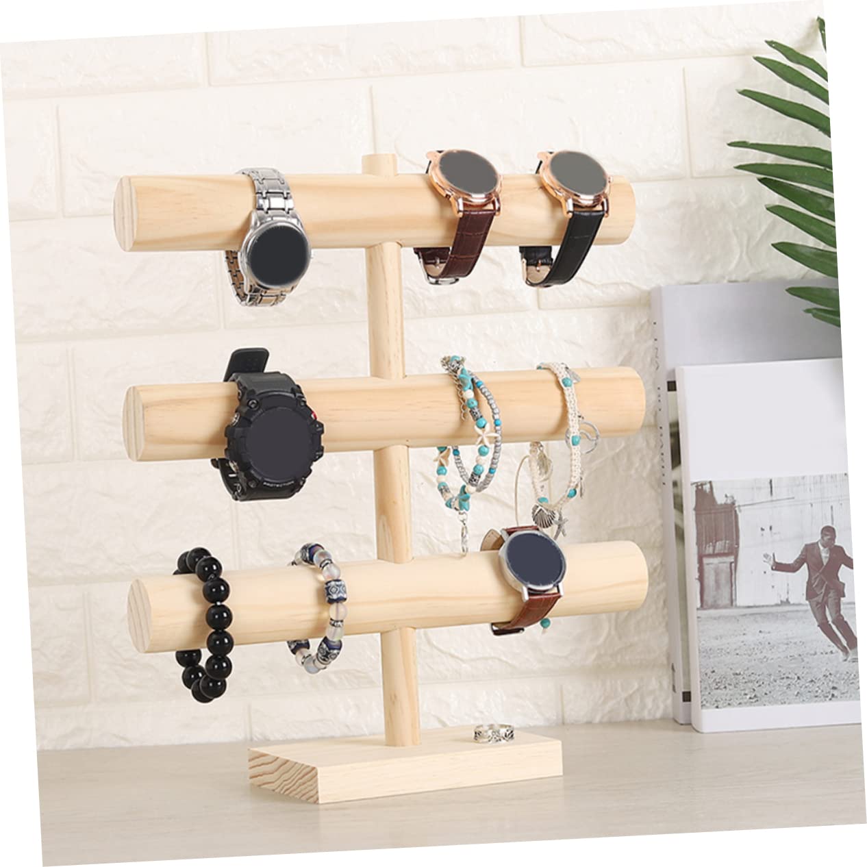 BESPORTBLE Espositore Gioielli Legno Massello Tre Porta Bracciali Orologi e Collane Organizer da Tavolo con Base Antiscivolo per Casa e Negozio