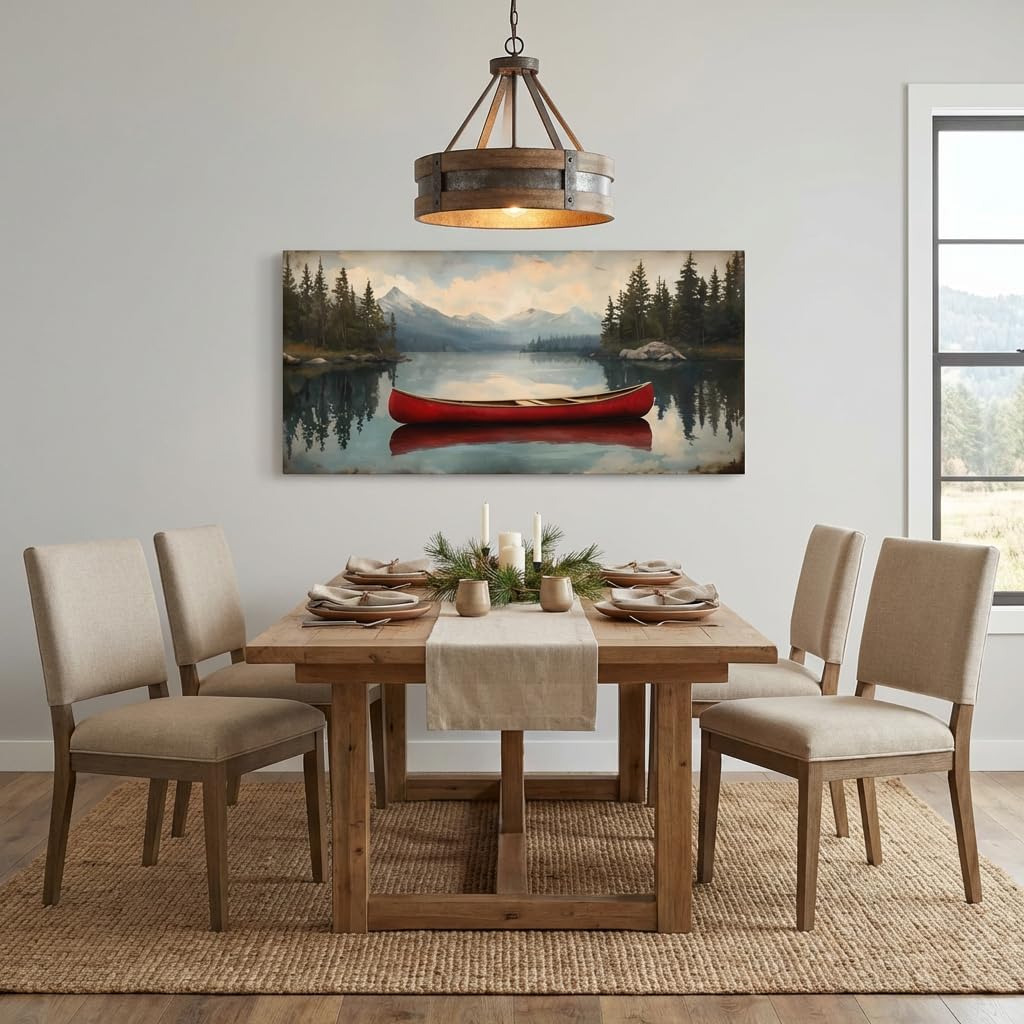 ZESTRILIA Red Canoe Lake Wilderness Wall Art for Living Room Alpine Tranquility Mountain Canvas Painting Prints Artwork Family Bedroom Office Decor (40x20 Inches)